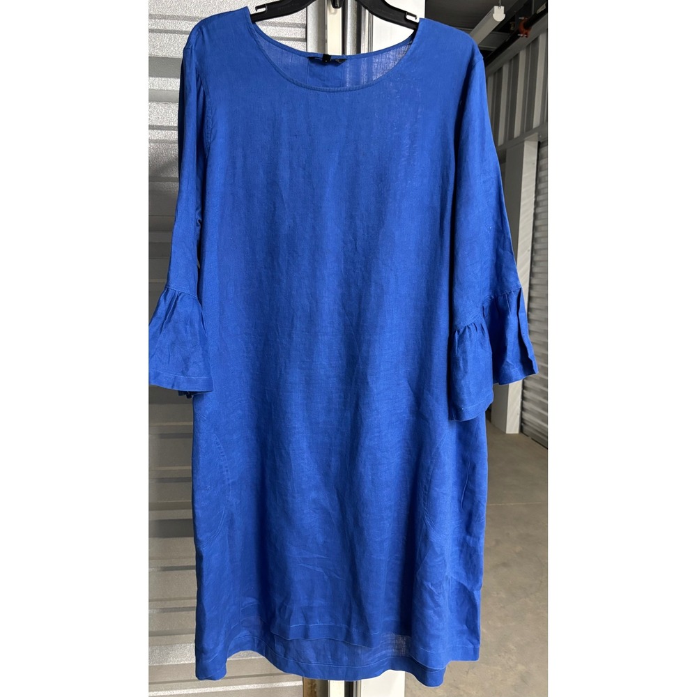 John Mark Royal Blue 100% Linen Ruffle Sleeve Shift Dress Large
